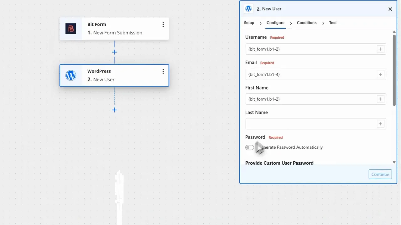 Flowmatic 'New User' action configuration showing mapped fields (username, email, first name) and password options.