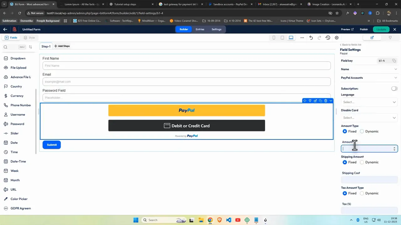 BitForm builder showing PayPal and Debit/Credit payment buttons with the amount field selected in the settings panel