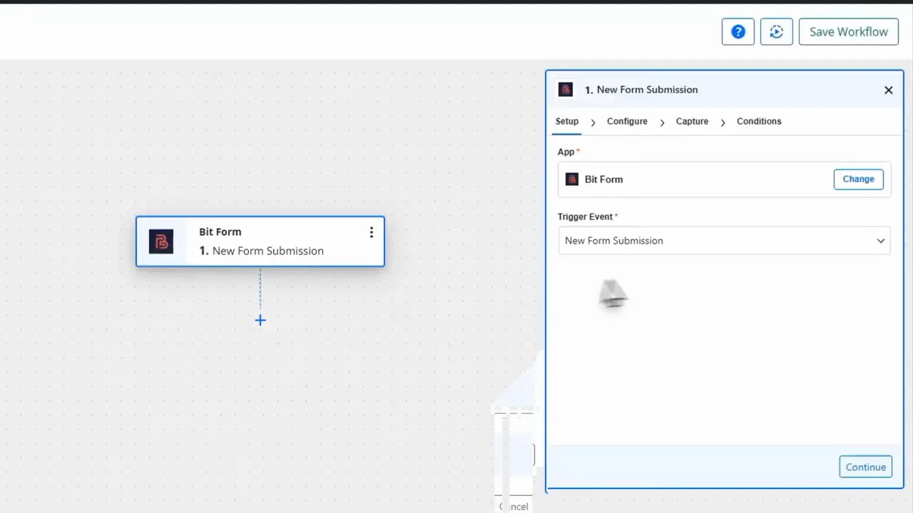 Flowmatic workflow with the Bit Form trigger set to 'New Form Submission' and the configuration panel showing the selected trigger and Continue button.