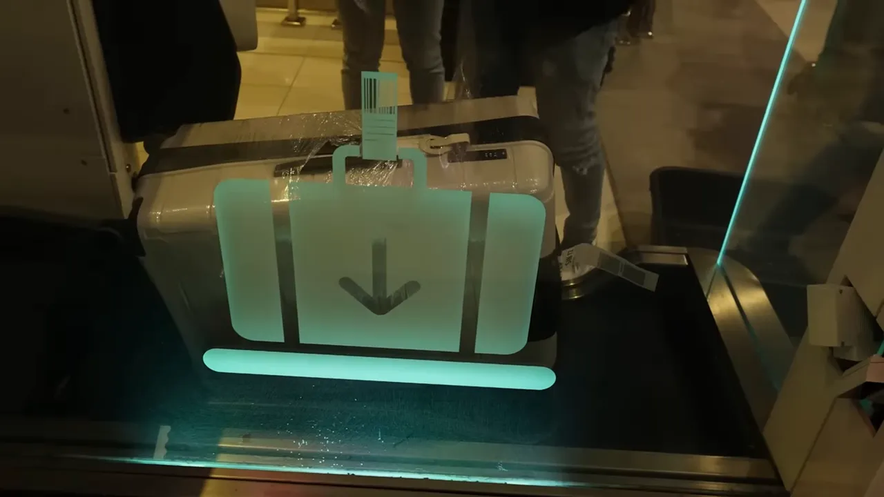 Suitcase on a bag-drop conveyor belt with luggage icon decal