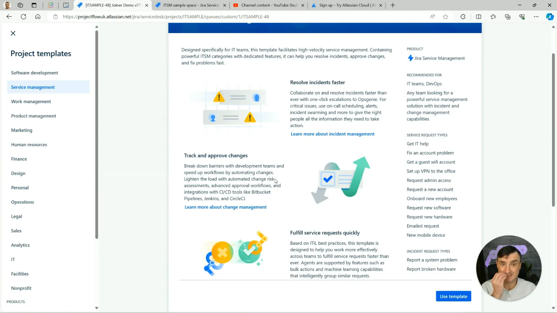 Screenshot of project templates available in JSM