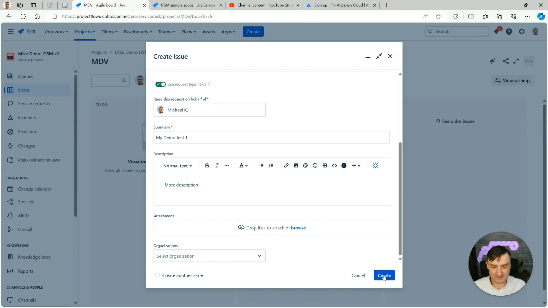 Screenshot illustrating different request types available in JSM