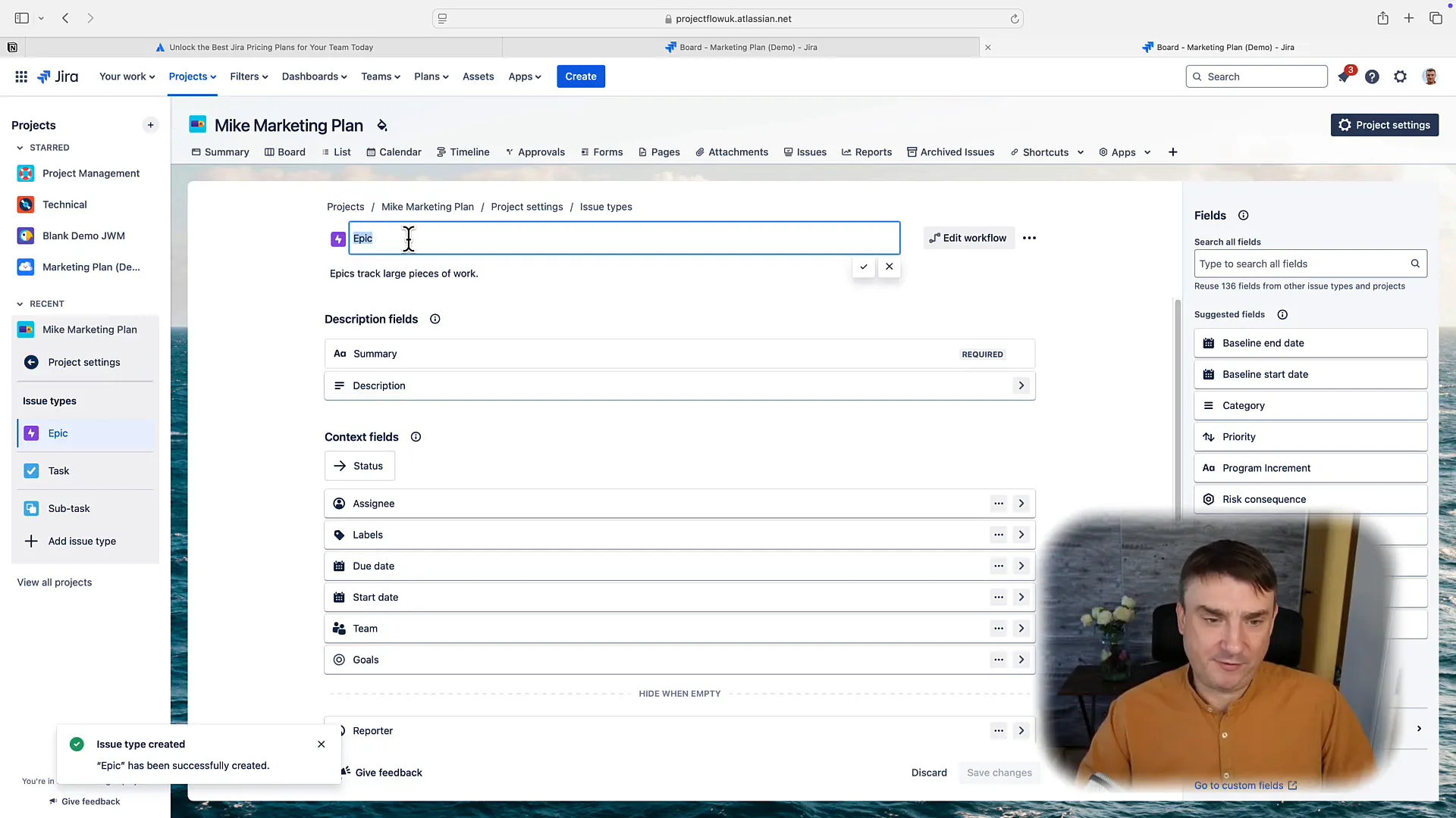 Adding an epic in Jira Work Management