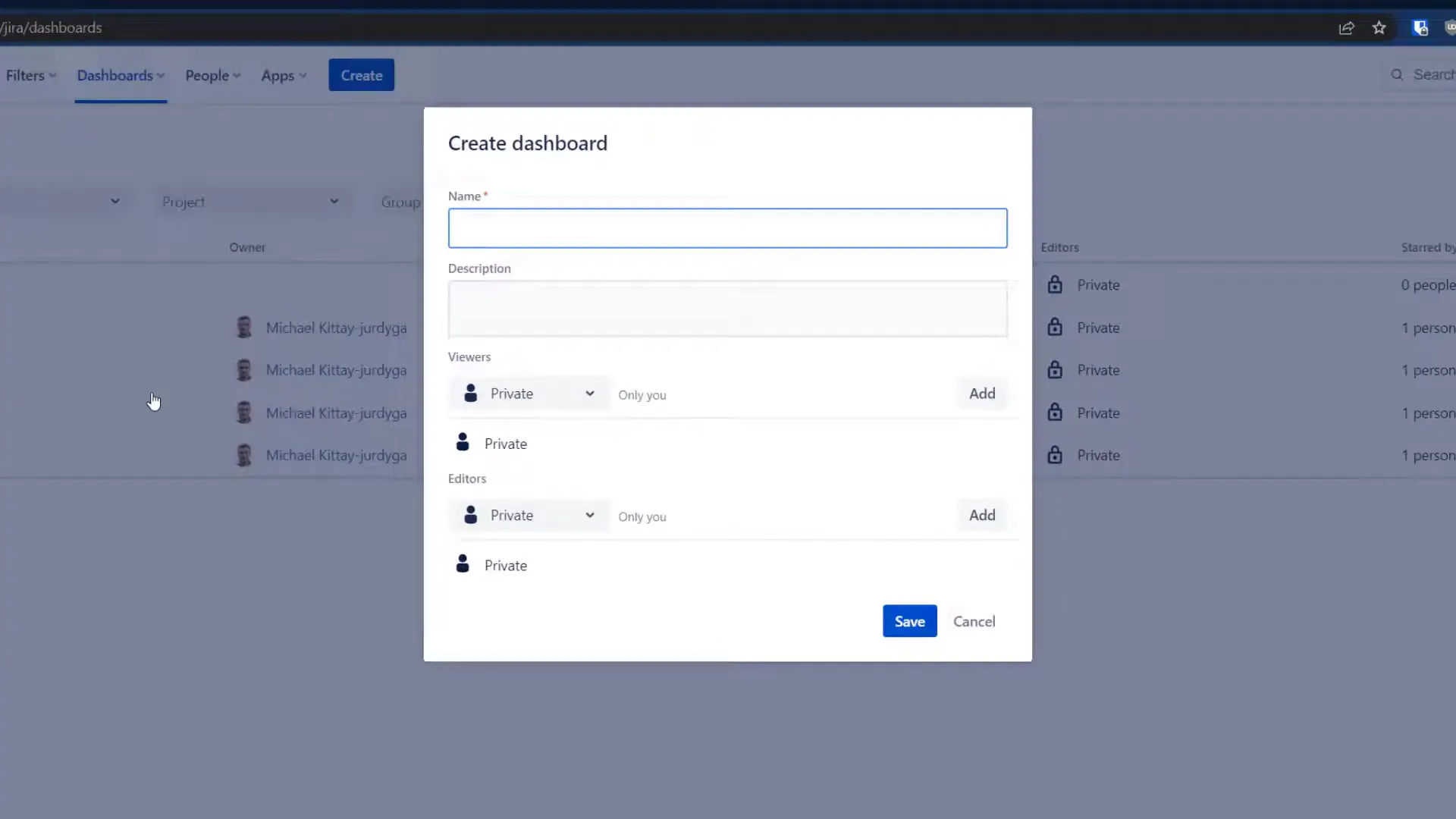 Creating a new dashboard in Jira