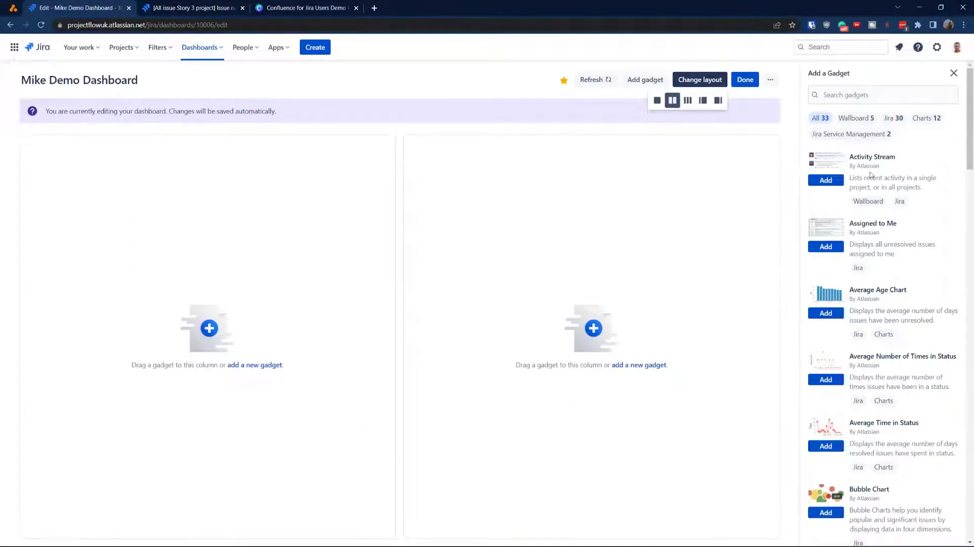 Selecting gadgets for the dashboard