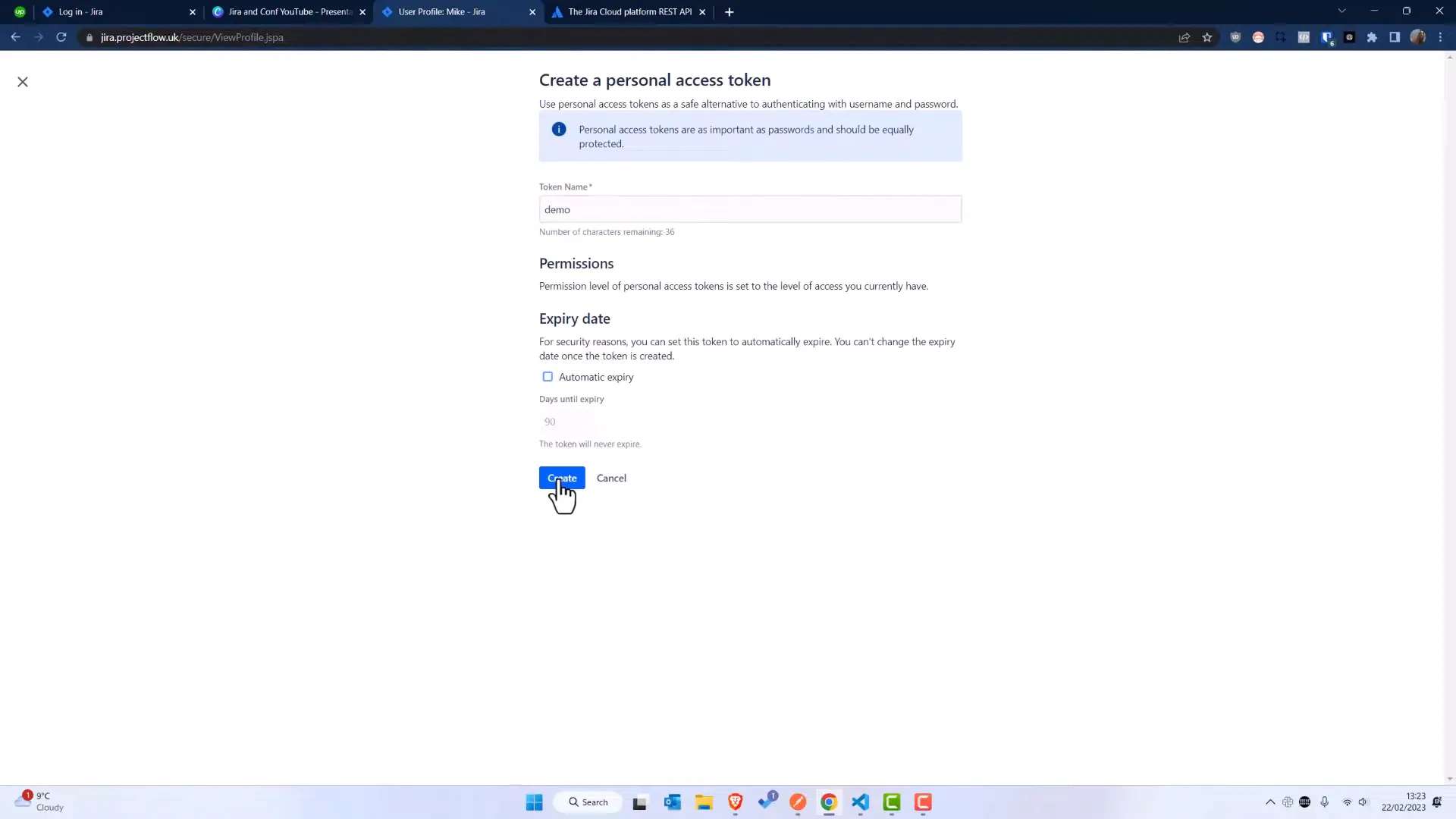 Creating a personal access token in Jira