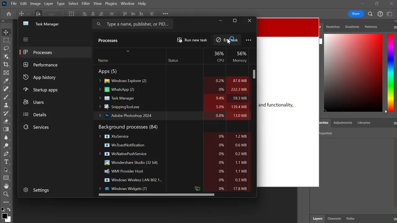 在任务管理器中结束 Adobe Photoshop 进程