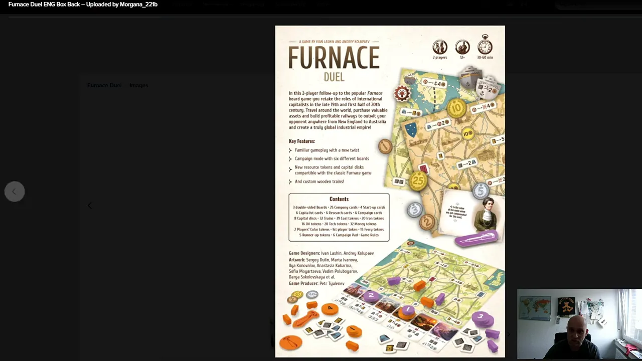 Spielaufbau von Furnace Duel mit Kartenreihen, Ressourcen und zentralem Spielplan