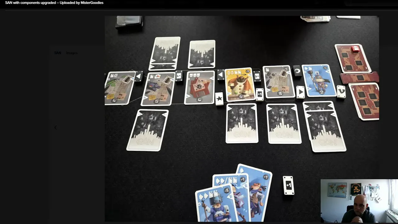 Ausgelegte Kartenreihen und Karten auf der Hand im Spiel San