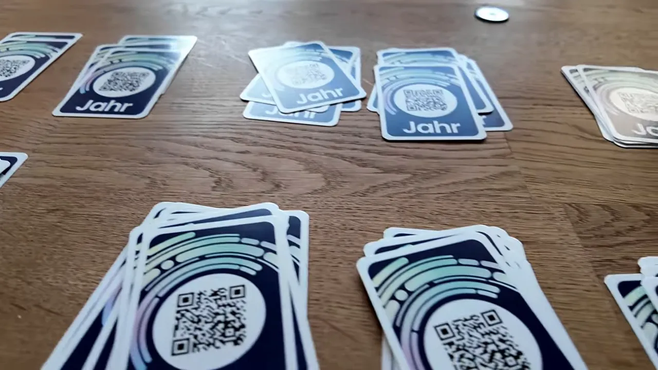 Mehrere verdeckte Kartenstapel und Karten auf einem Holztisch als Aufbau für Walk the Timeline