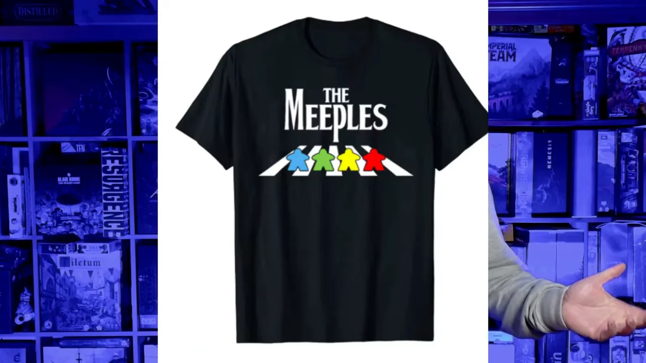 Schwarzes T-Shirt mit Aufdruck 'The Meeples' und bunten Meeples