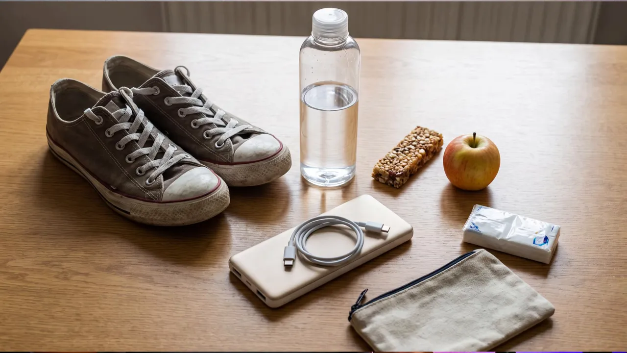 Tisch mit Turnschuhen, Wasserflasche, Snack, Apfel, Notizbuch, Kopfhörern und Tasche