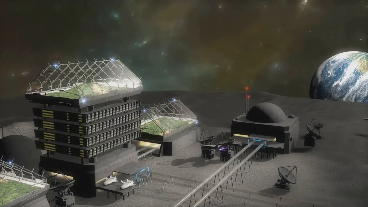 Illustrated lunar settlement with illuminated buildings, domes, transport tracks, and Earth in the distance