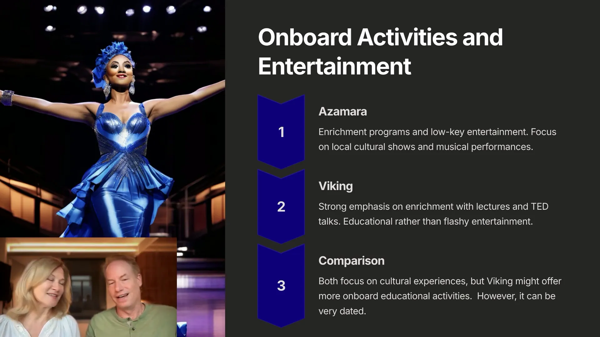 Comparison between Azamara and Viking onboard activities and entertainment