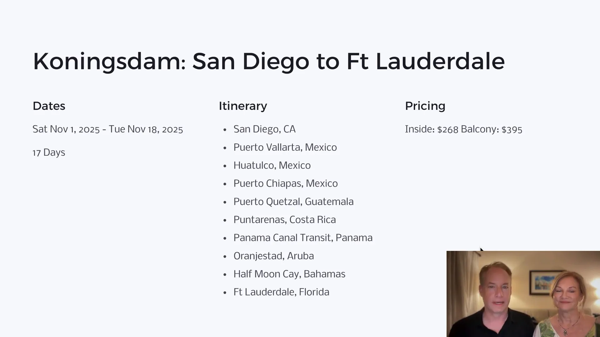 Holland America Line Panama Canal itinerary