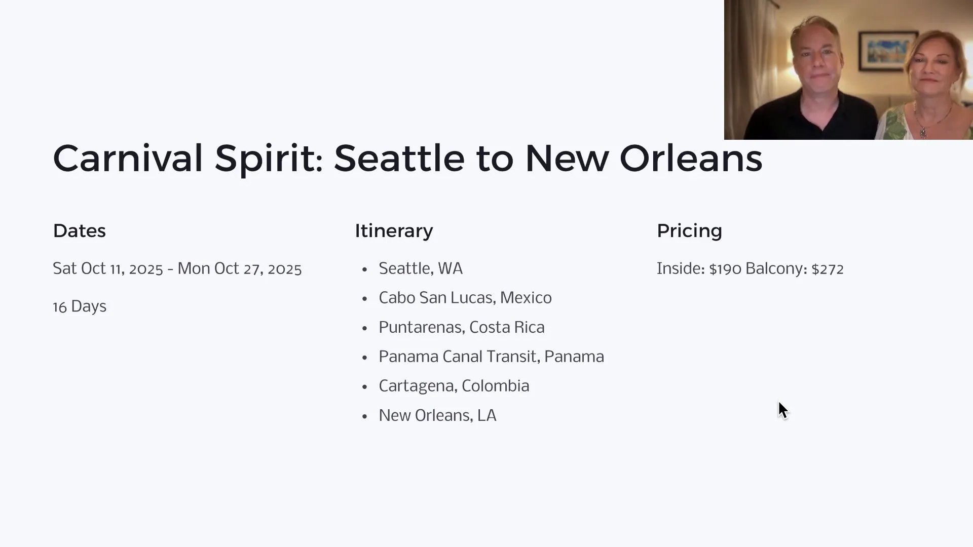 Carnival Cruise Line Panama Canal itinerary