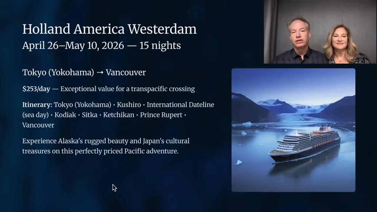 Holland America Westerdam itinerary text on screen