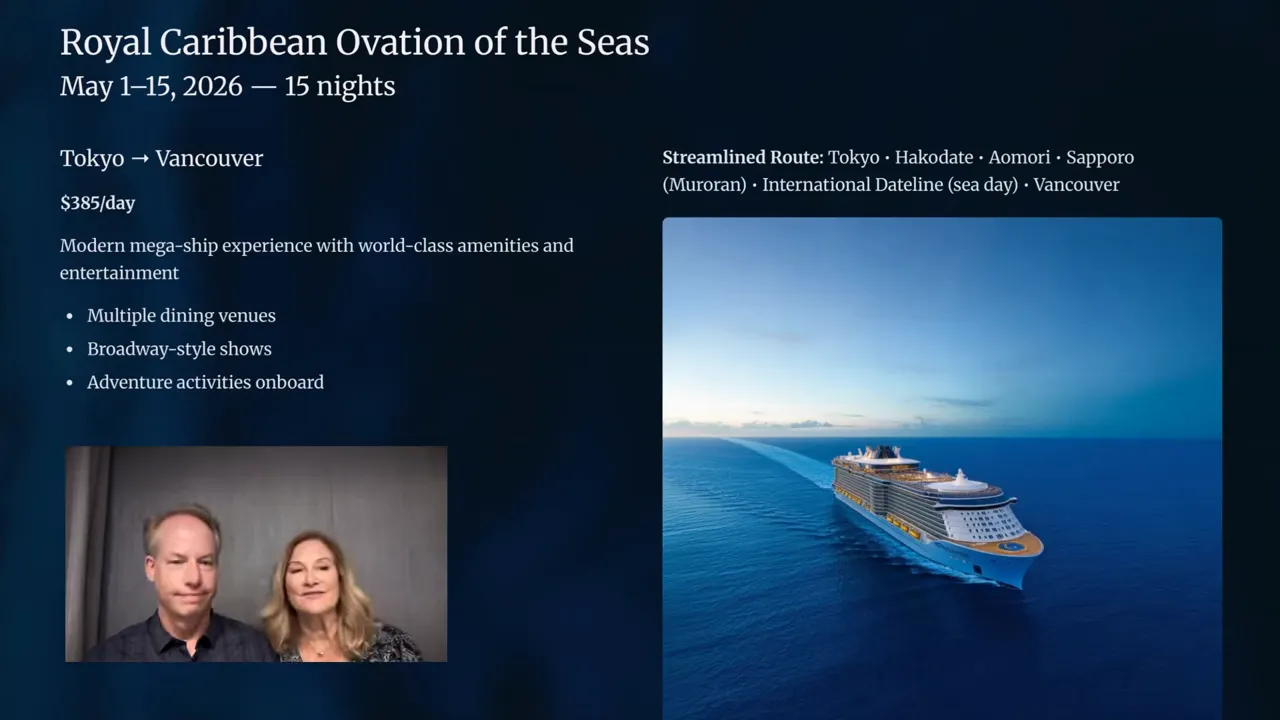 Ovation of the Seas at sea with itinerary callouts