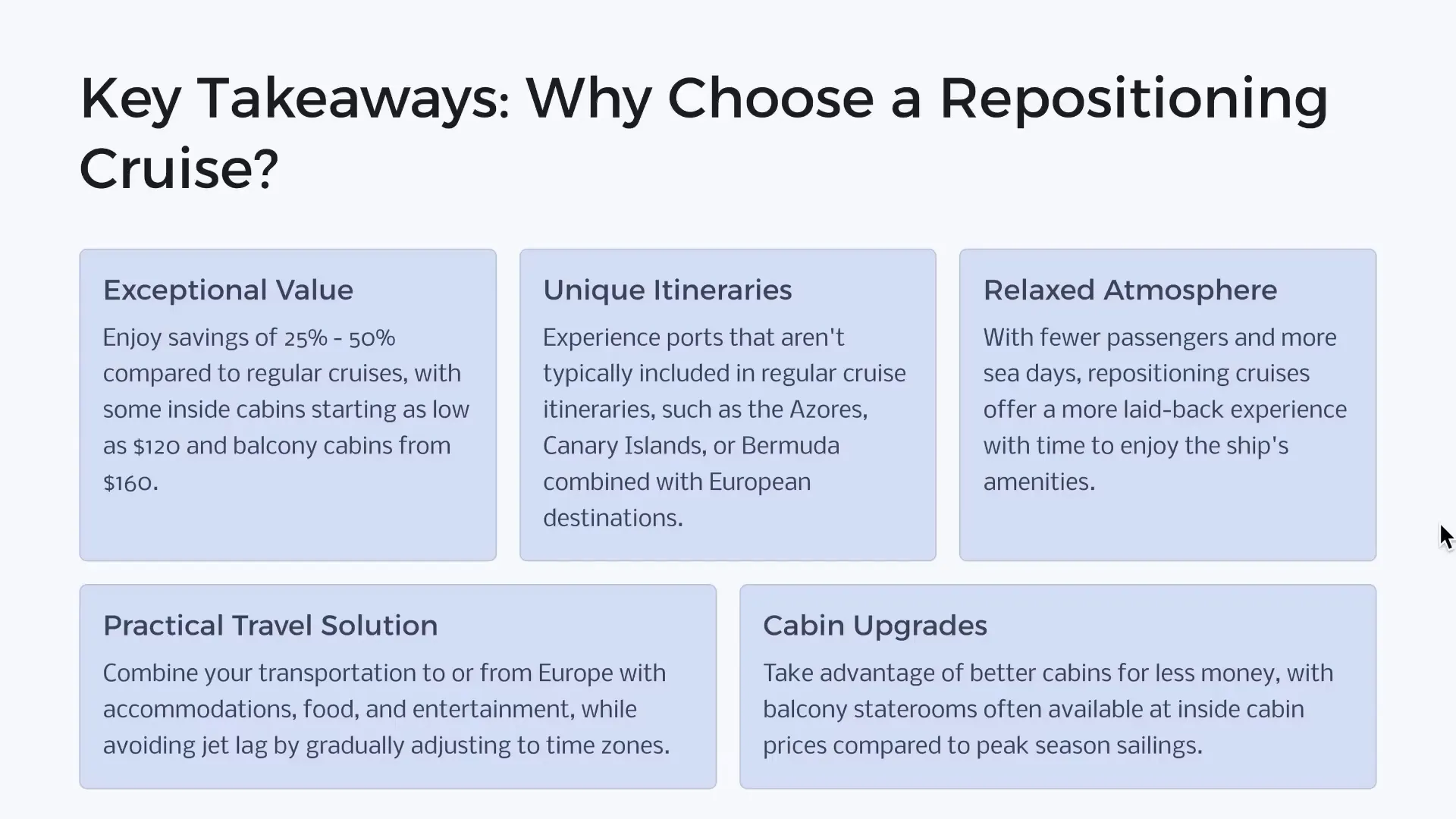 Key takeaways from article about incredible savings on transatlantic cruises