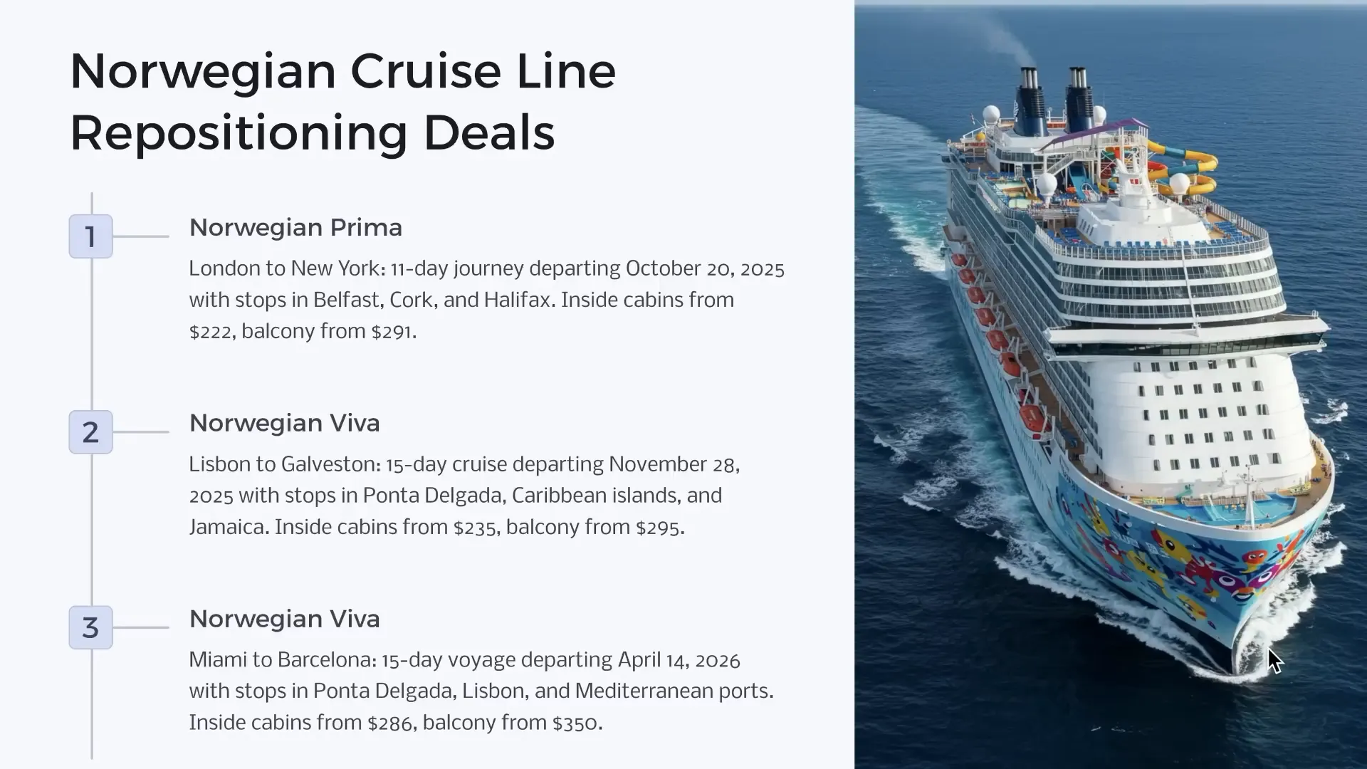 Norwegian Prima sails through the ocean in article about incredible savings on transatlantic cruises