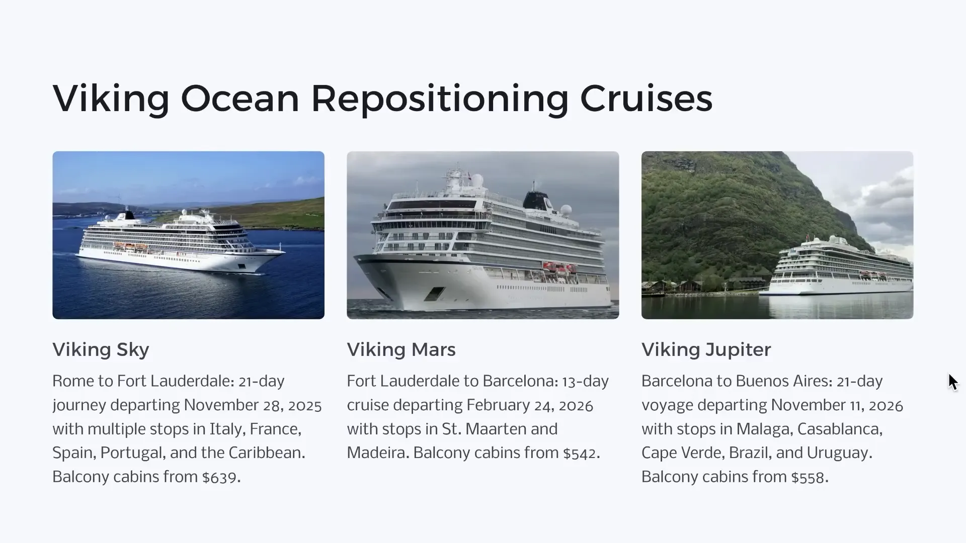 Viking Ocean Cruise ships in post about incredible savings on transatlantic cruises