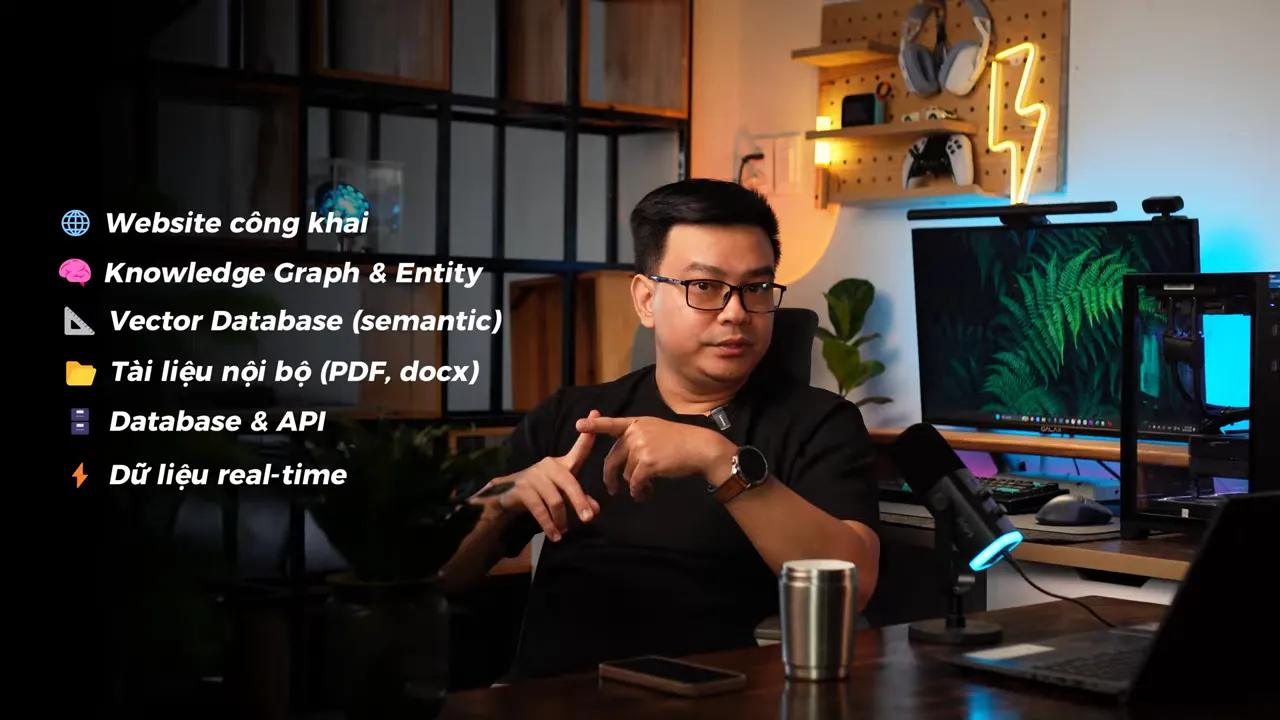Danh sách nguồn dữ liệu gồm website công khai, knowledge graph, vector database, tài liệu PDF và API