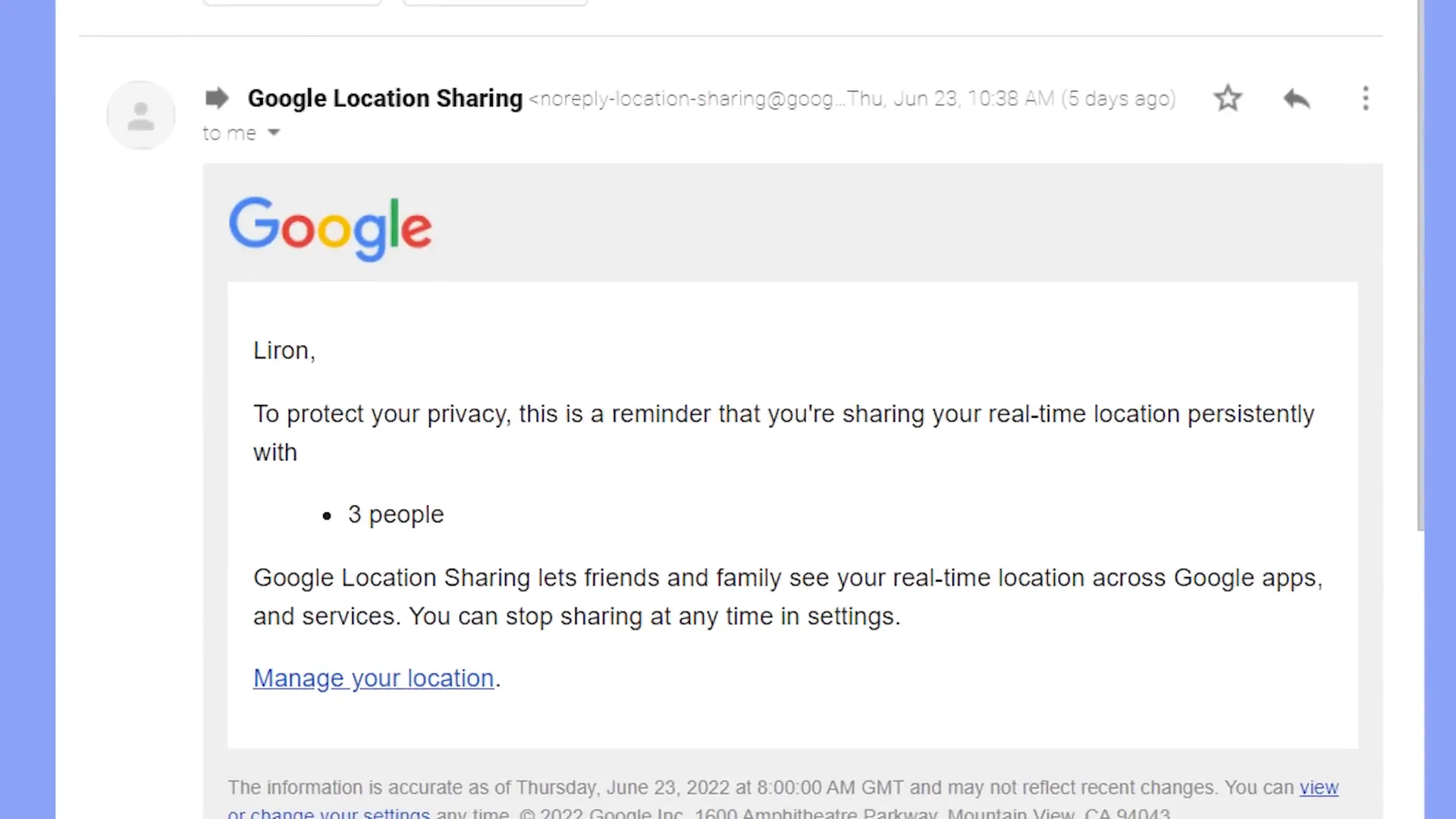 Email notifications for location sharing