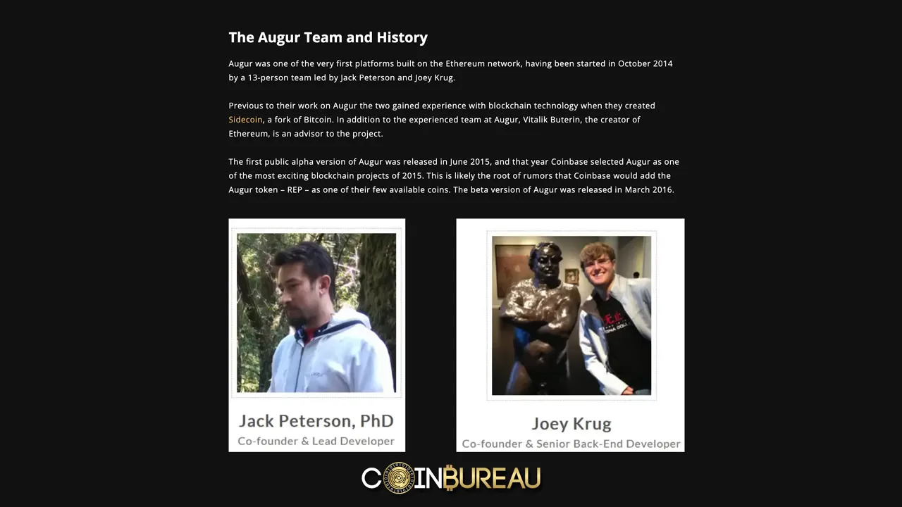 Website screenshot showing the Augur team and history page with two portrait cards and project description on a dark background.