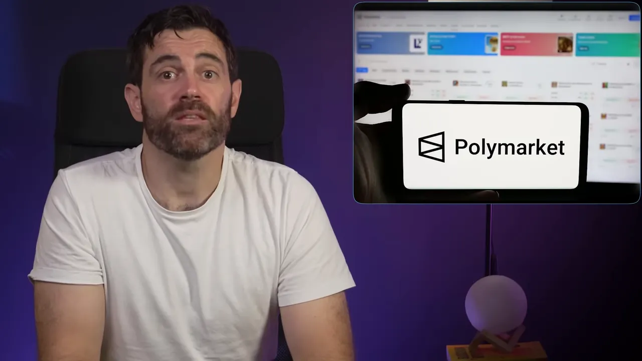 Inset image of the Polymarket logo on a phone screen beside the video host