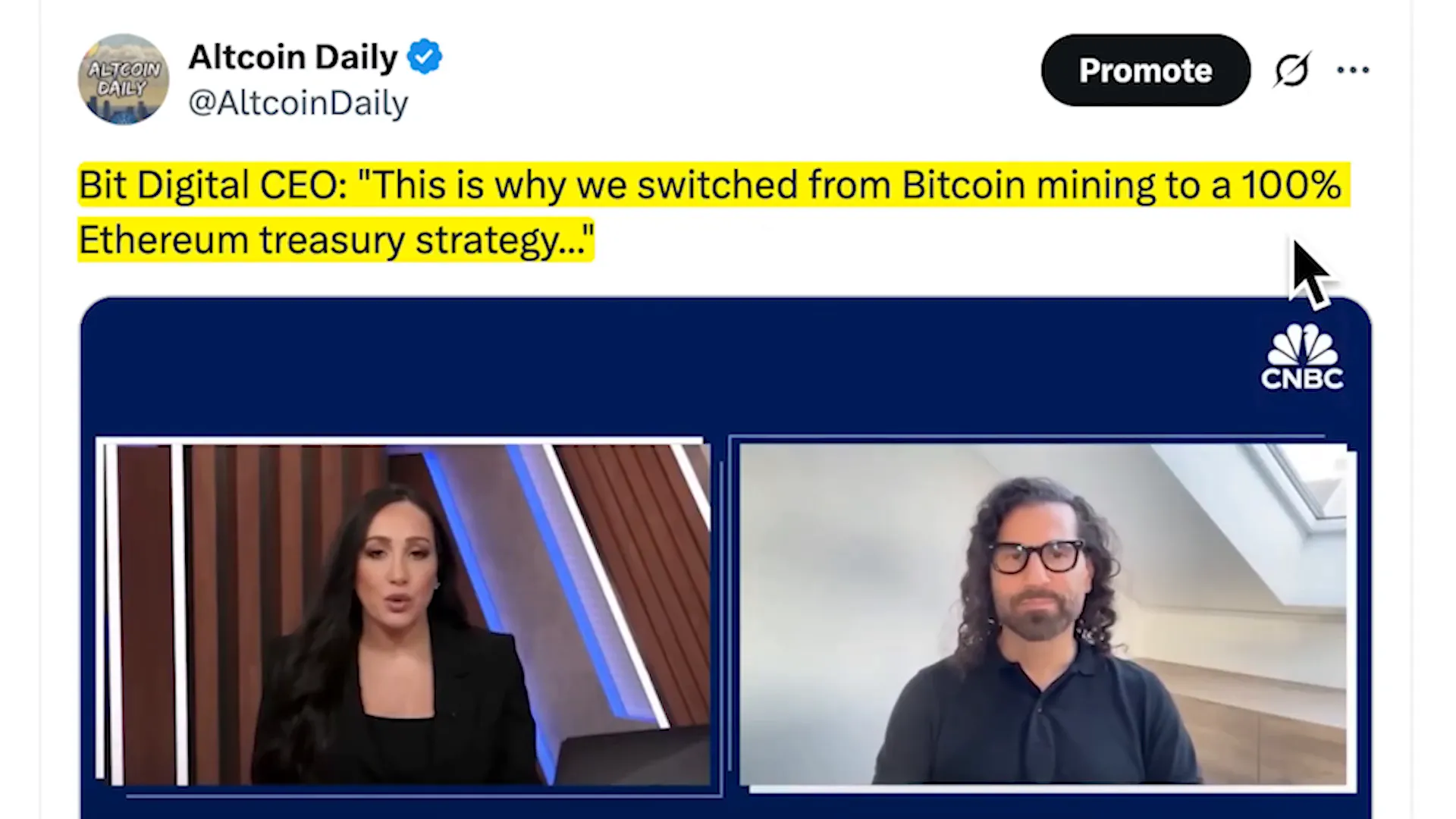 Bit Digital CEO explaining Ethereum treasury strategy on CNBC