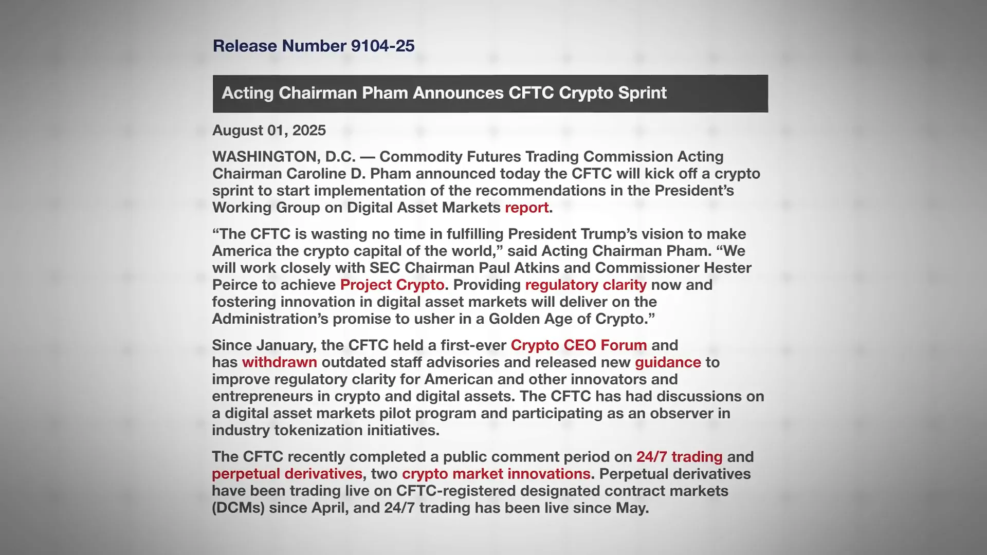 CFTC Acting Chair Caroline Pham announcing the crypto sprint