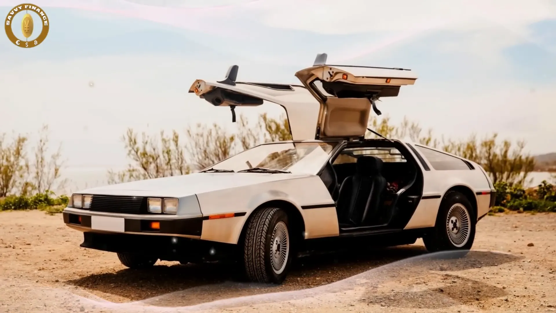 Classic DeLorean with gull-wing doors and sleek silver body