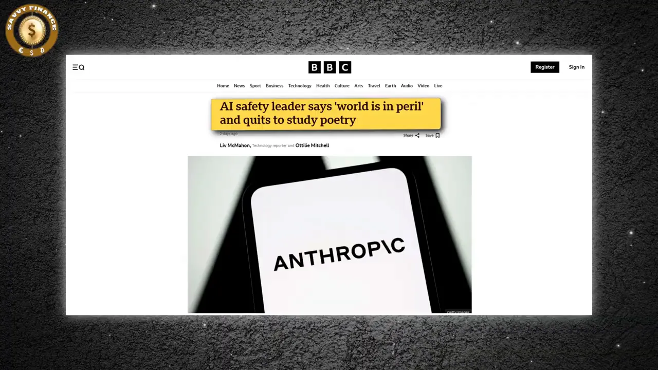 Clear screenshot of a BBC article headline about AI safety with a close-up of a phone screen reading 'ANTHROPIC'.