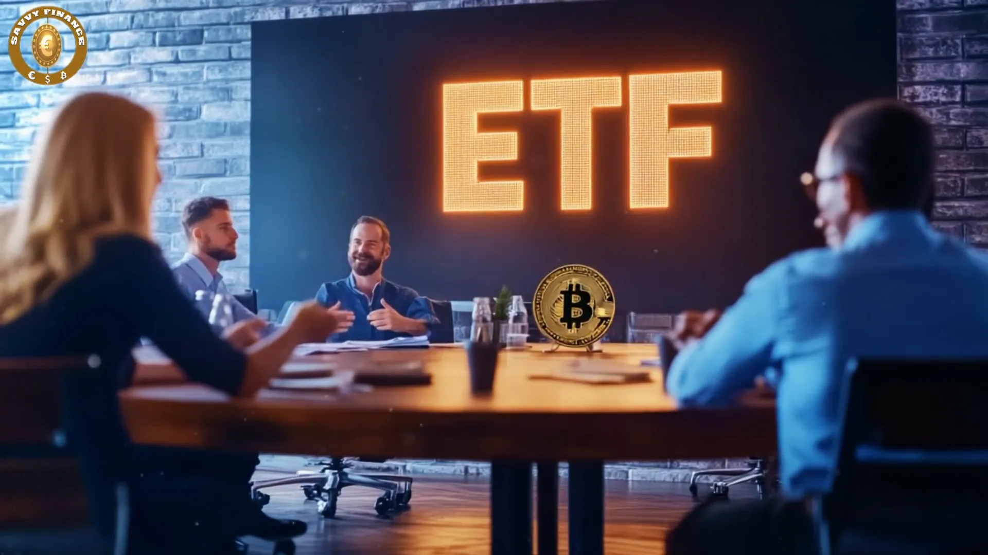 Bitcoin logo with institutional investors stacking coins