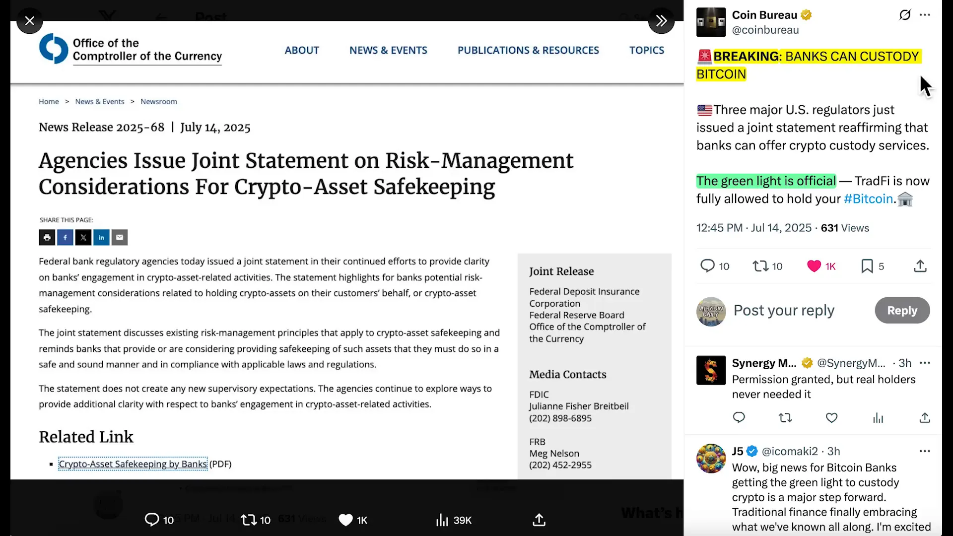 Banks officially allowed to custody Bitcoin and crypto