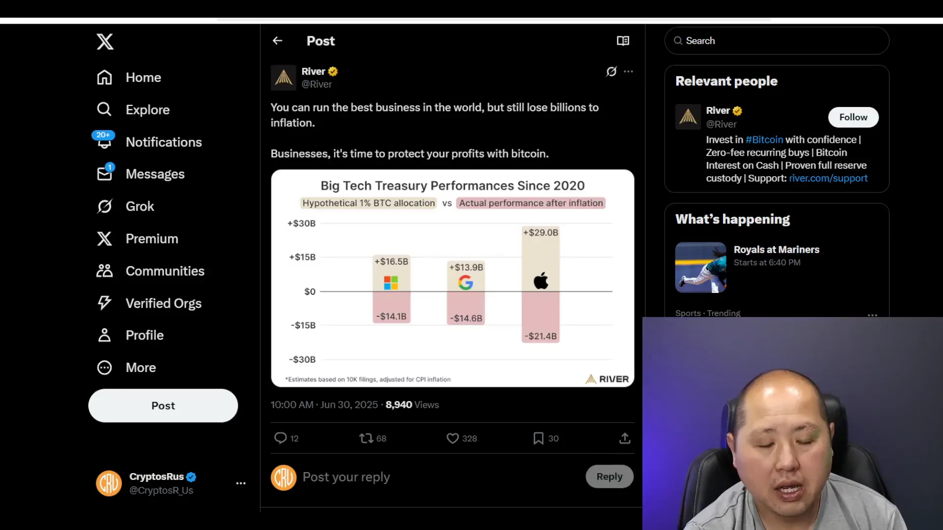 Chart showing Microsoft, Google, Apple gains if invested 1% in Bitcoin since 2020