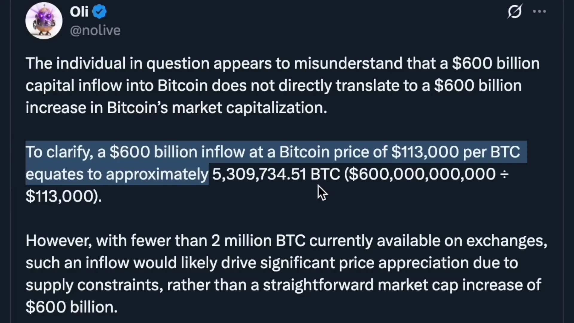 Chart showing limited BTC available on exchanges compared to circulating supply