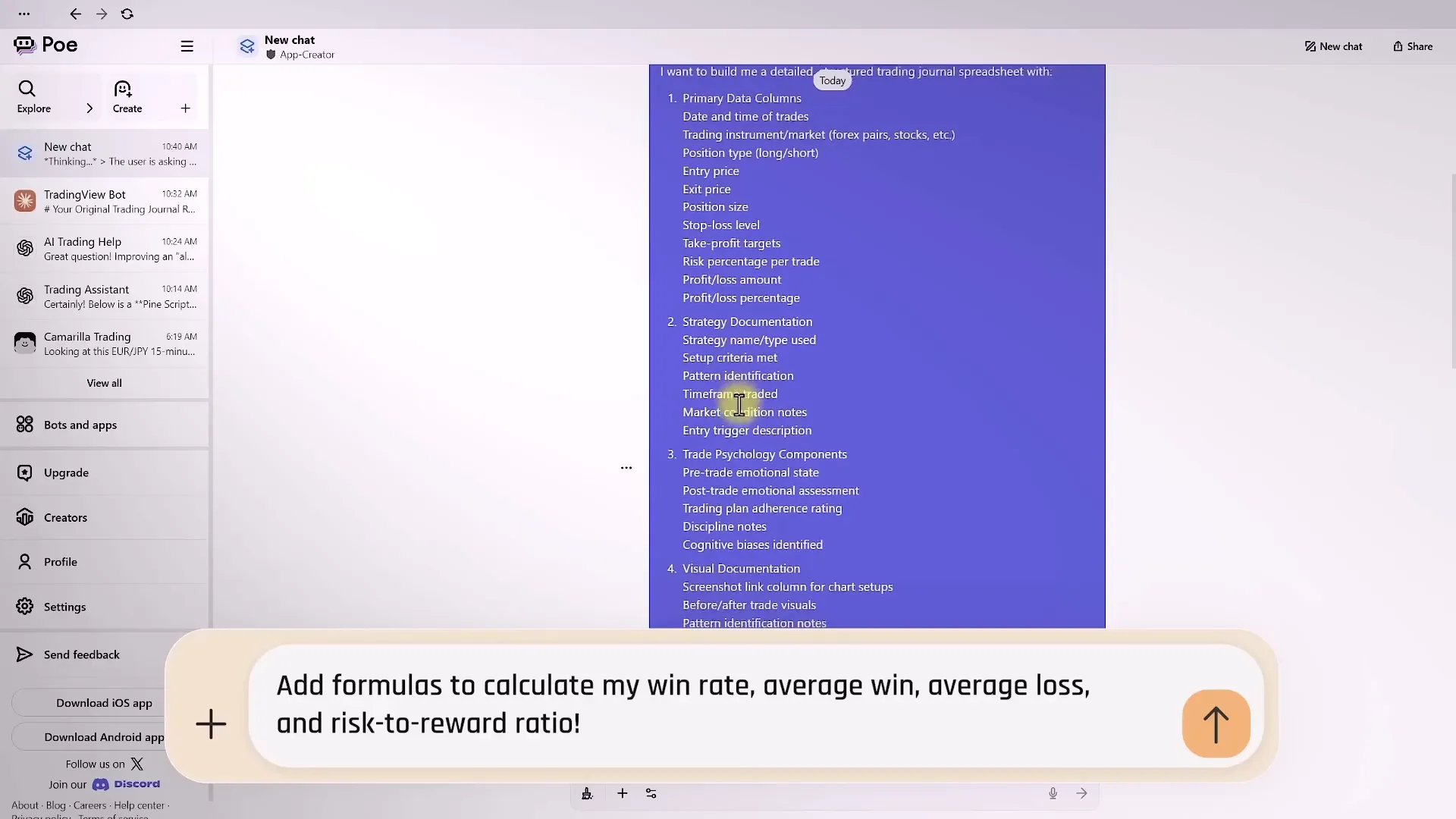 AI-generated trading journal spreadsheet template with formulas