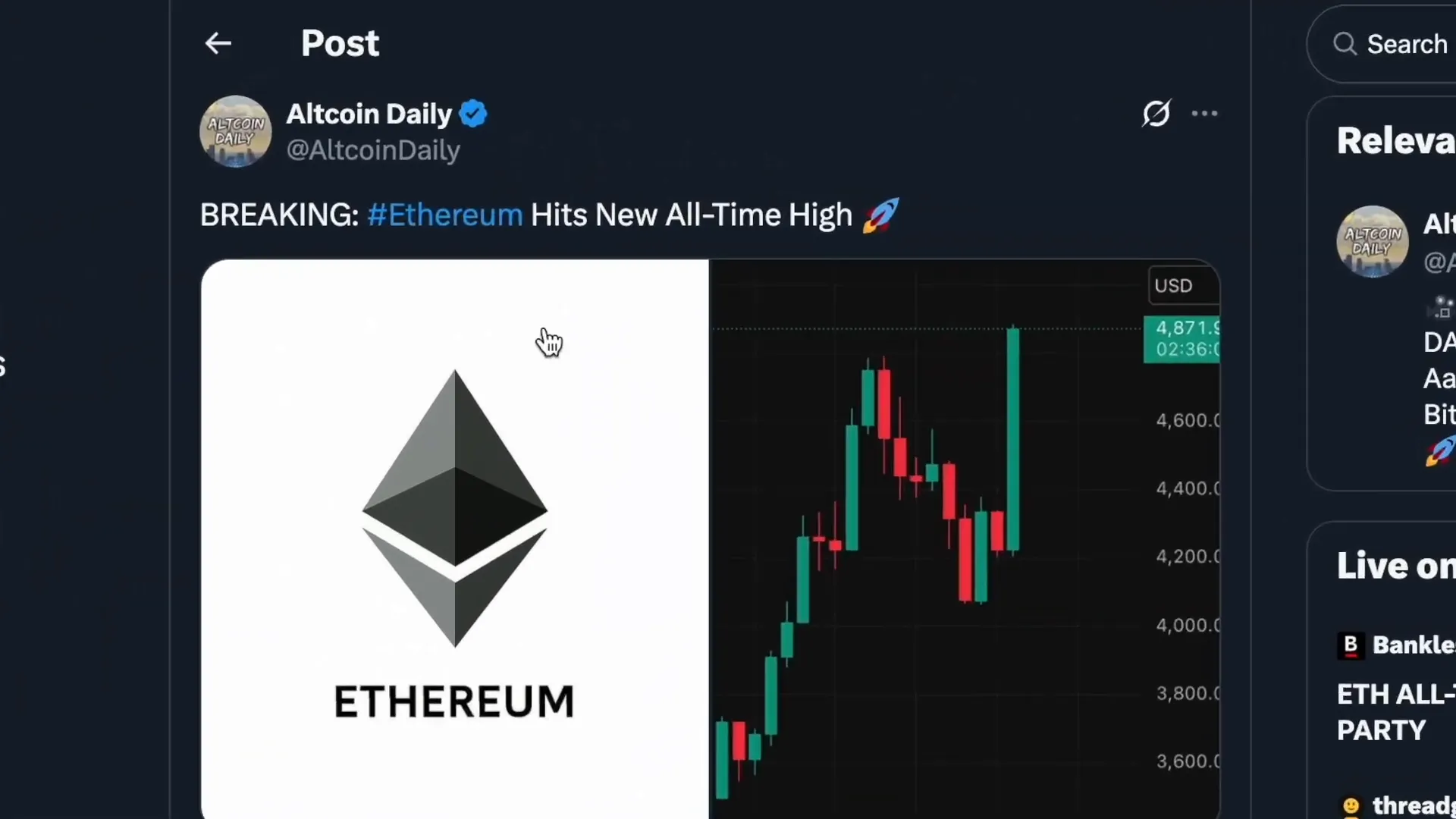 Ethereum breaking to a new all-time high on price chart