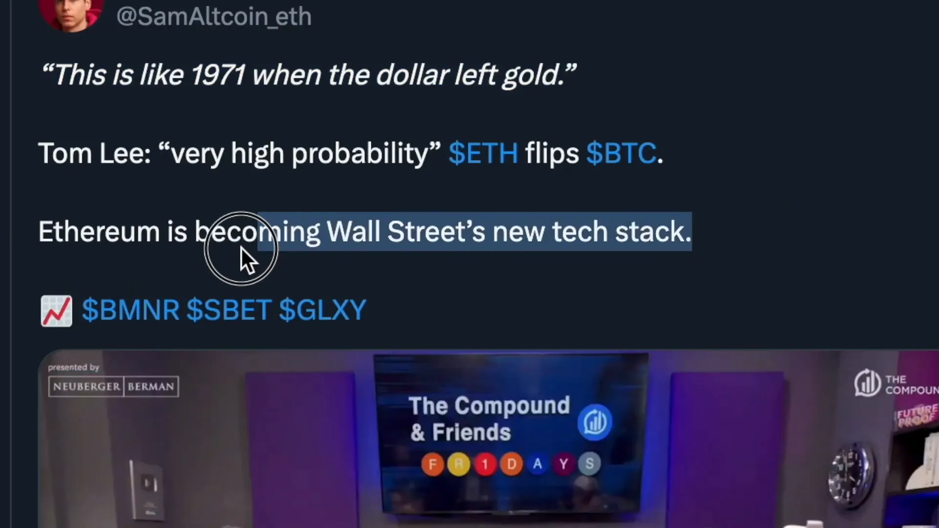Tom Lee discussing Ethereum as Wall Street's new tech stack