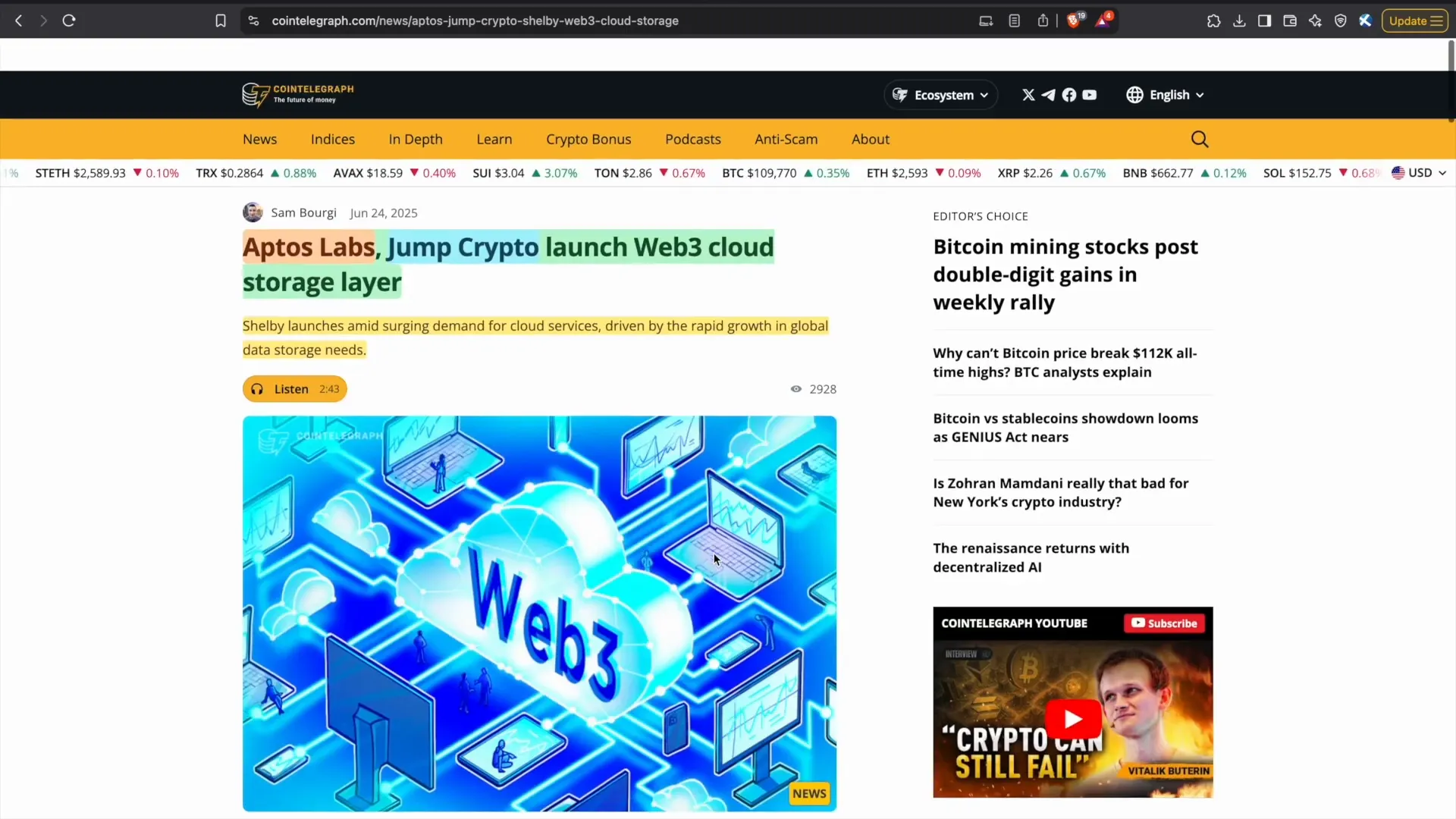 Aptos Labs and Jump Crypto launching decentralized cloud storage Shelby