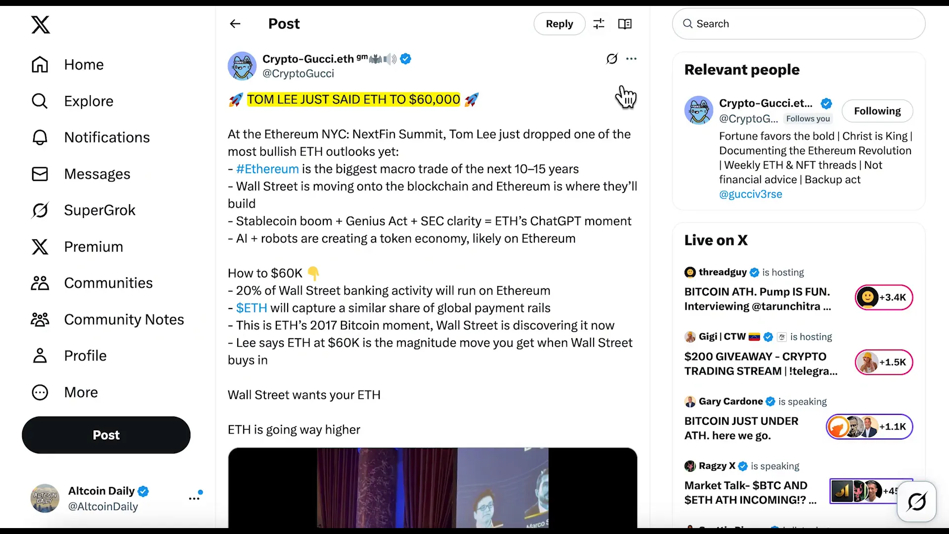 Tom Lee predicts $60k Ethereum in the future
