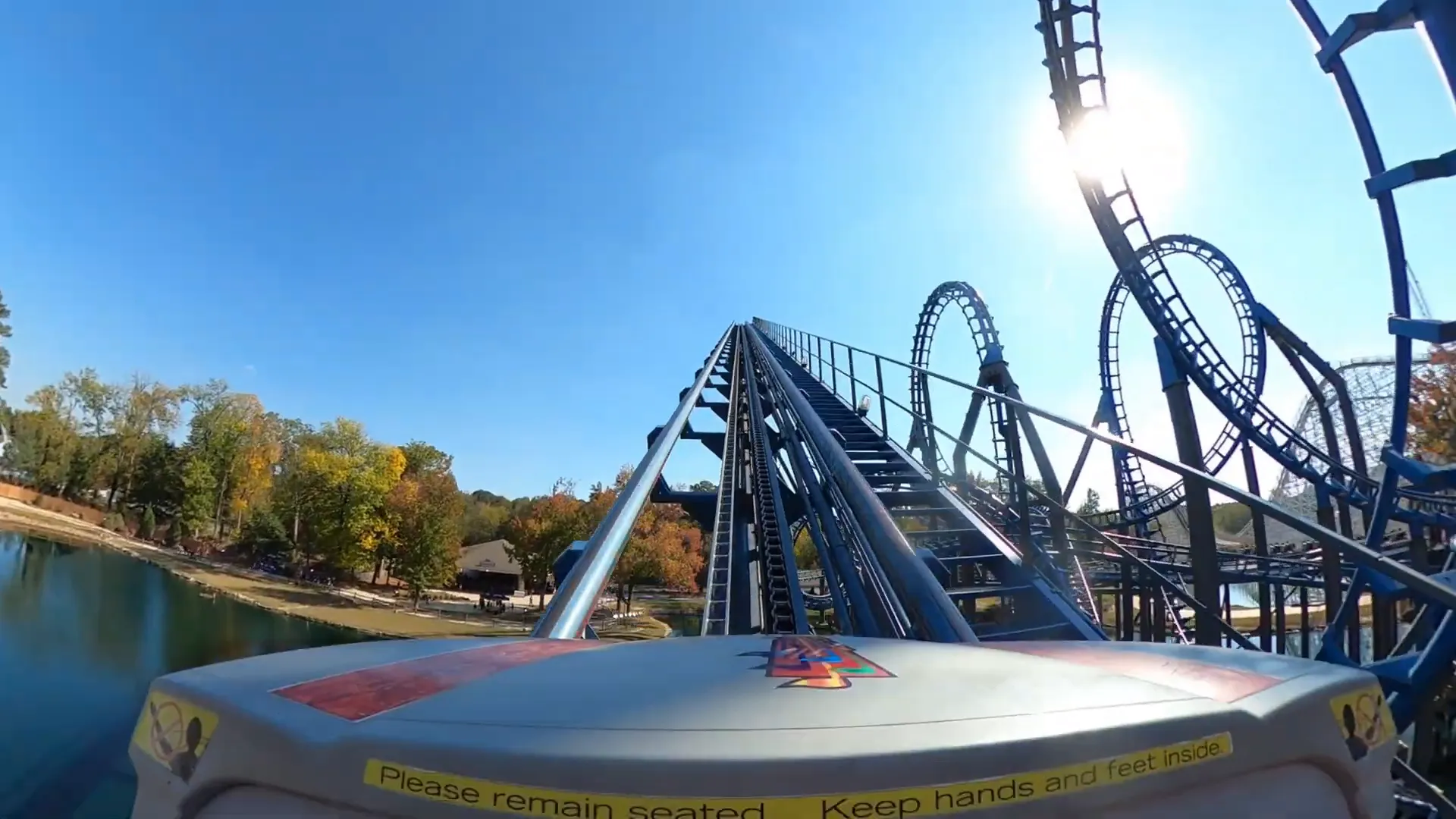 Blue Hawk roller coaster front seat view