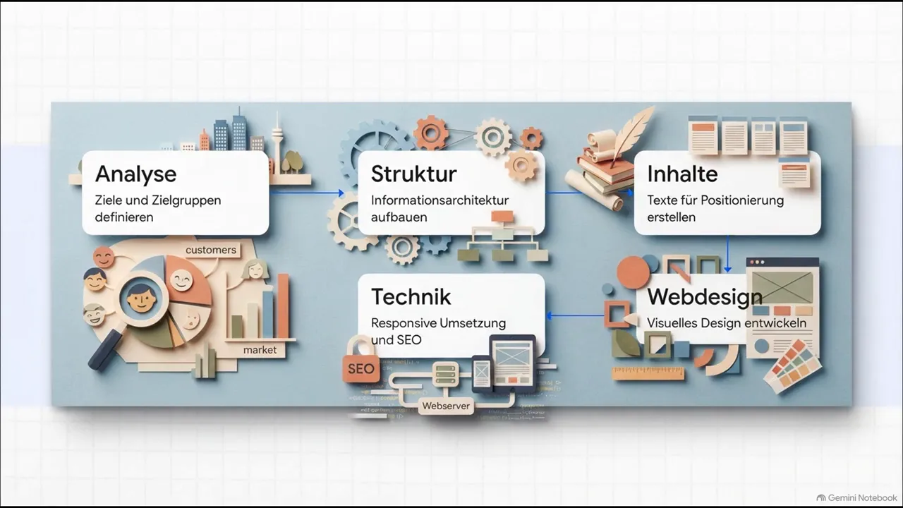 Folie mit fünf beschrifteten Bereichen Analyse, Struktur, Inhalte, Webdesign und Technik