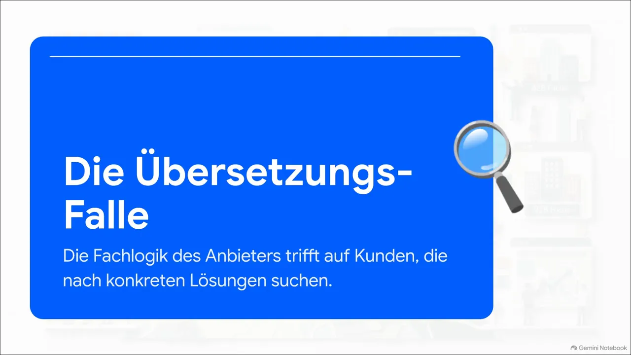 Blaue Folie mit der Überschrift Die Übersetzungs-Falle und einem Hinweis auf Fachlogik und konkrete Lösungen
