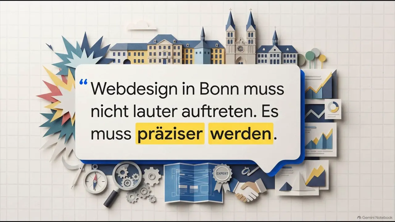 Folie mit dem Text Webdesign in Bonn muss nicht lauter auftreten. Es muss präziser werden
