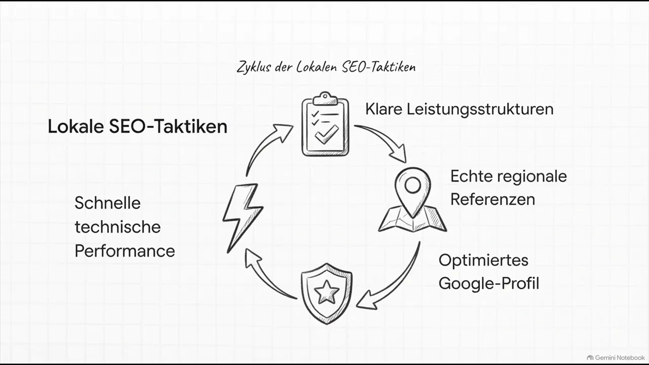 Kreisdiagramm zu lokalem SEO mit klaren Leistungsstrukturen, regionalen Referenzen, optimiertem Google-Profil und schneller technischer Performance