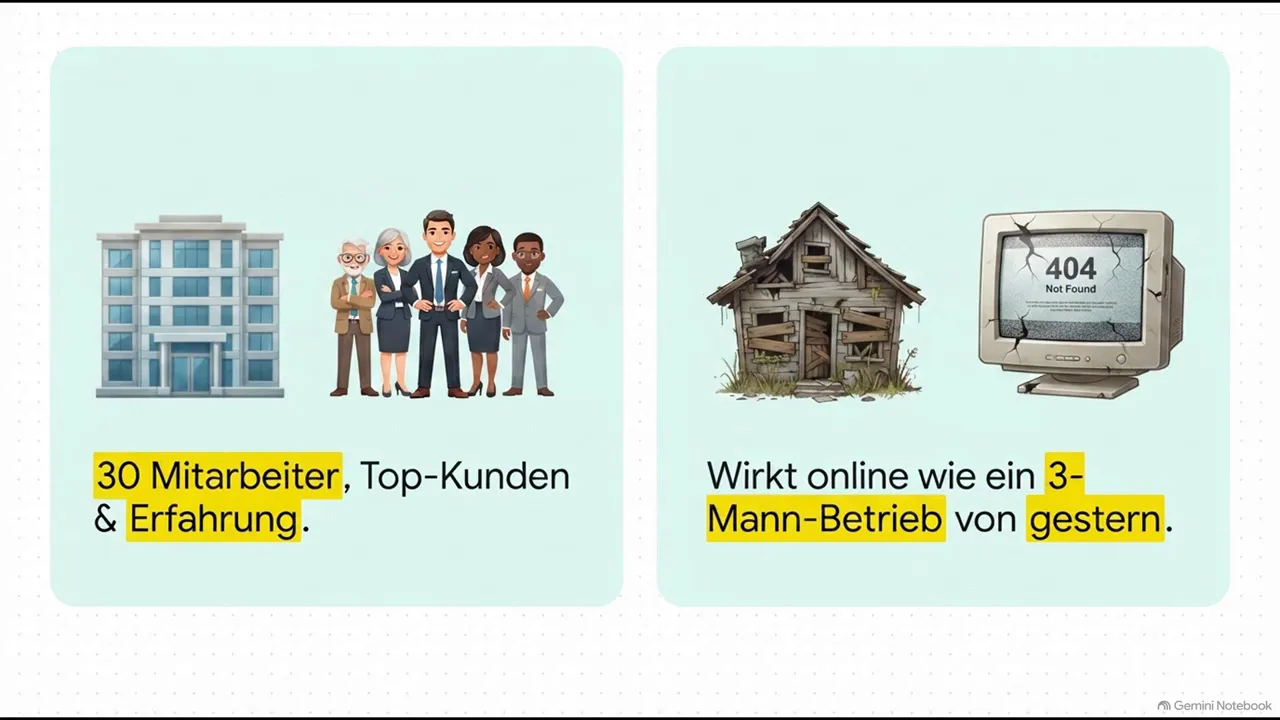 Zwei gegenübergestellte Grafiken zeigen ein Unternehmen mit Mitarbeitern und Kunden sowie einen veralteten Onlineauftritt mit Fehleranzeige