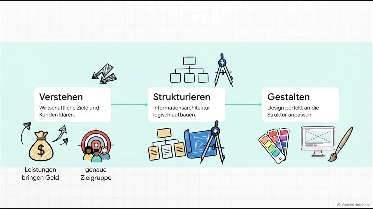 Schaubild mit den drei Schritten Verstehen, Strukturieren und Gestalten samt Symbolen für Analyse, Informationsstruktur und Design