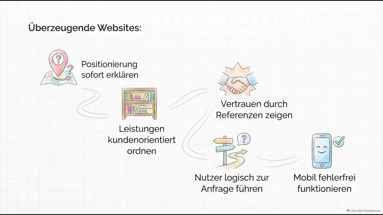 Schaubild mit fünf Elementen einer überzeugenden Website, darunter Positionierung, Referenzen, Anfrage und mobile Funktion